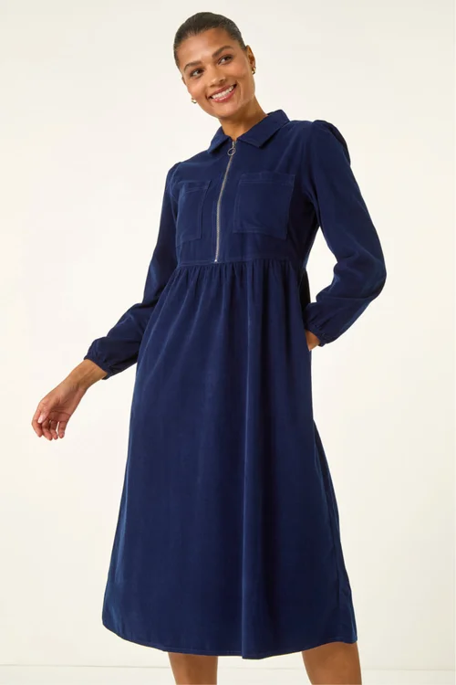 Roman Navy Corduroy Zip Detail Midi Dress - 16 Image 4