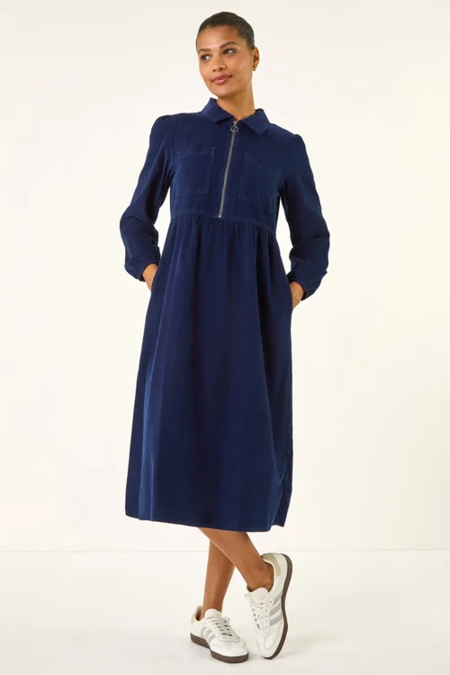 Roman Navy Corduroy Zip Detail Midi Dress - 16 Image 2