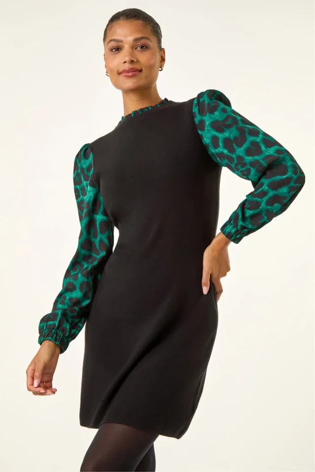 Roman Green Animal Print Mix Frill Short Dress
