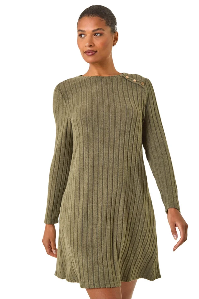 Roman Khaki Textured Ribbed Swing Dress