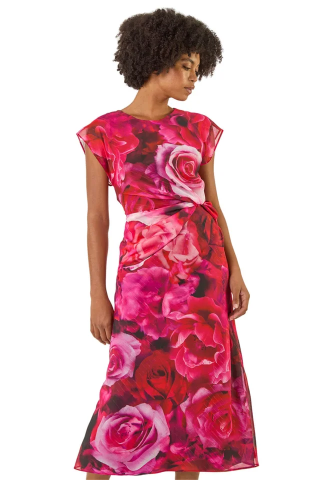 Roman Pink Floral Print Twist Detail Dress