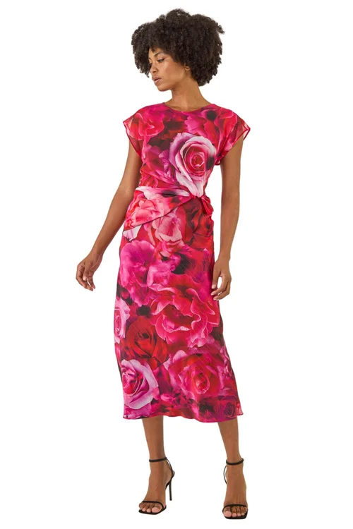 Roman Pink Floral Print Twist Detail Dress - Size 12 Image 2