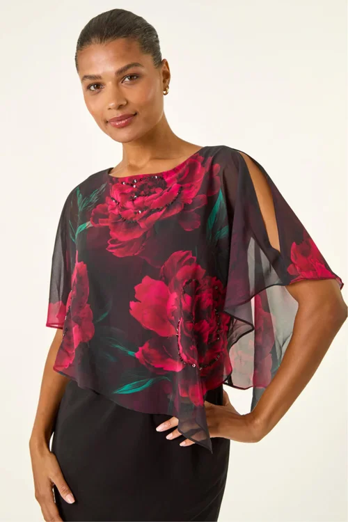 Roman Black Floral Overlay Premium Stretch Dress - 10 Image 4