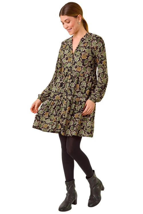 Roman Green Floral Print Button Stretch Dress - 18 Image 2