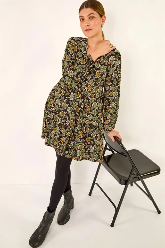 Roman Green Floral Print Button Stretch Dress