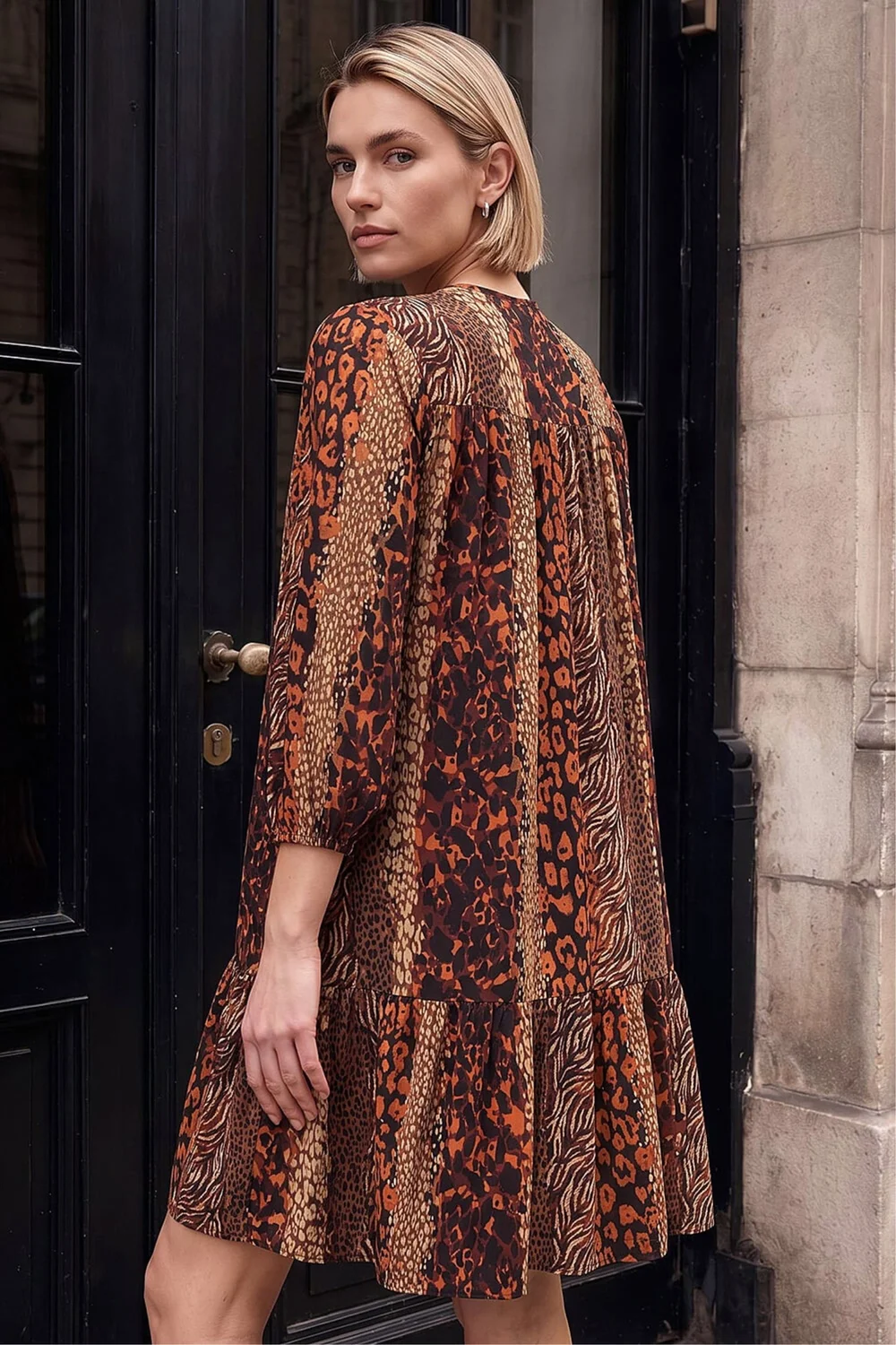 Roman Tan Abstract Print Smock Stretch Dress - 12 Image 4