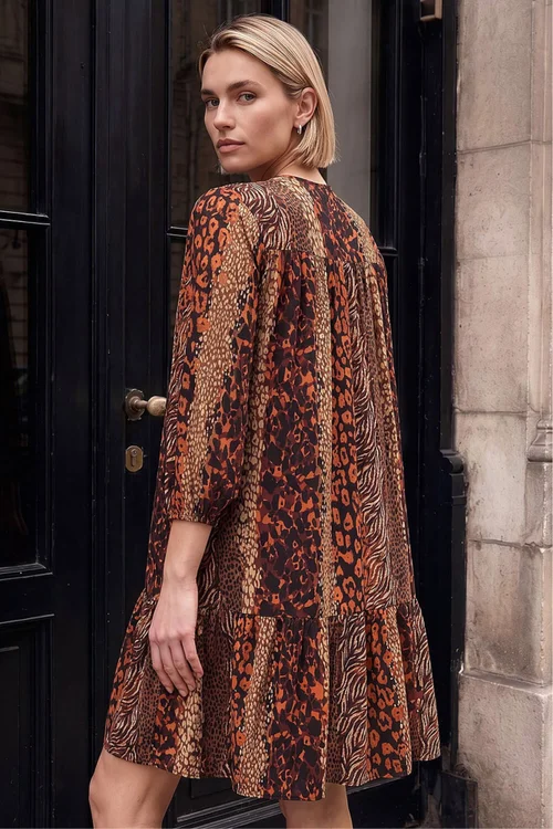 Roman Tan Abstract Print Smock Stretch Dress - 12 Image 4