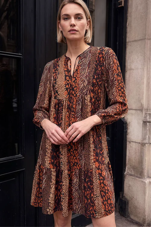 Roman Tan Abstract Print Smock Stretch Dress - 12 Image 1