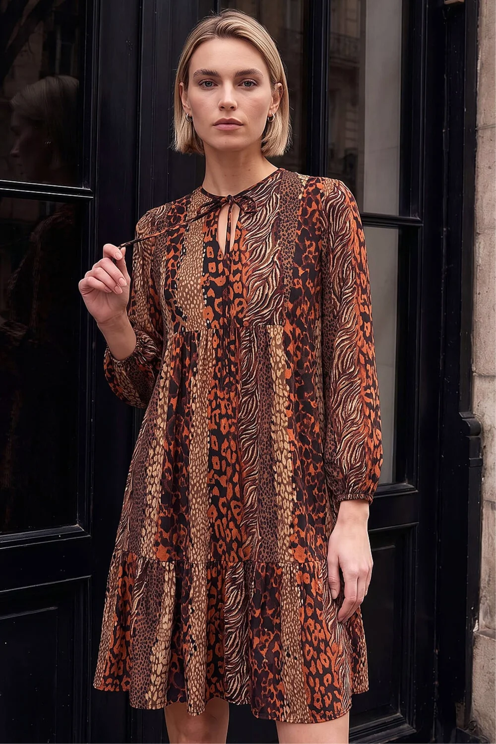 Roman Tan Abstract Print Smock Stretch Dress - 12 Image 2