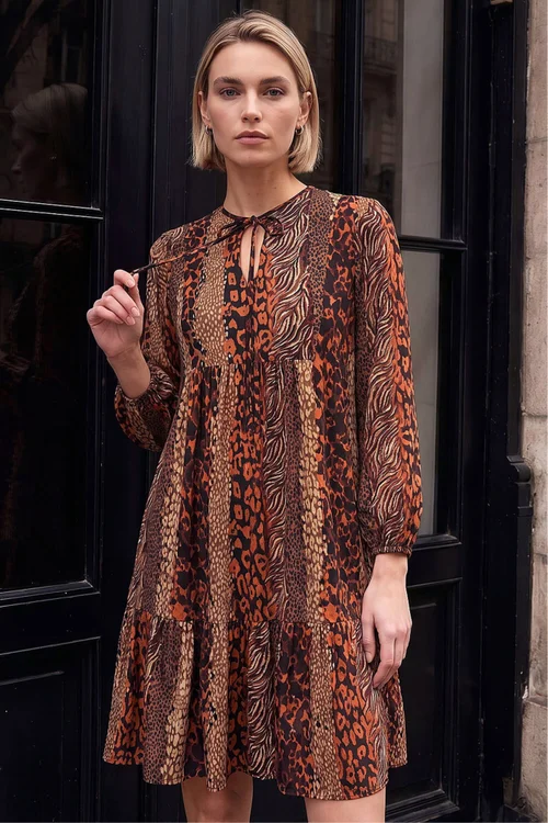 Roman Tan Abstract Print Smock Stretch Dress - 12 Image 2