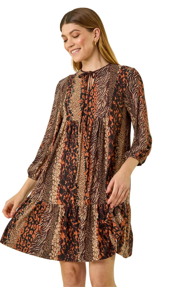 Roman Tan Abstract Print Smock Stretch Dress