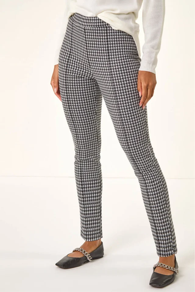 Roman Black Check Print Ponte Slim Leg Trouser
