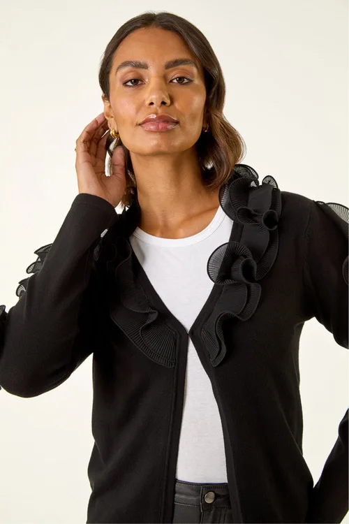 Roman Black Ruffle Contrast Knit Cardigan - Size 22 Image 3