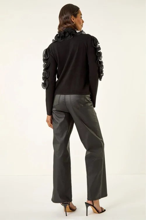 Roman Black Ruffle Contrast Knit Cardigan - Size 22 Image 4