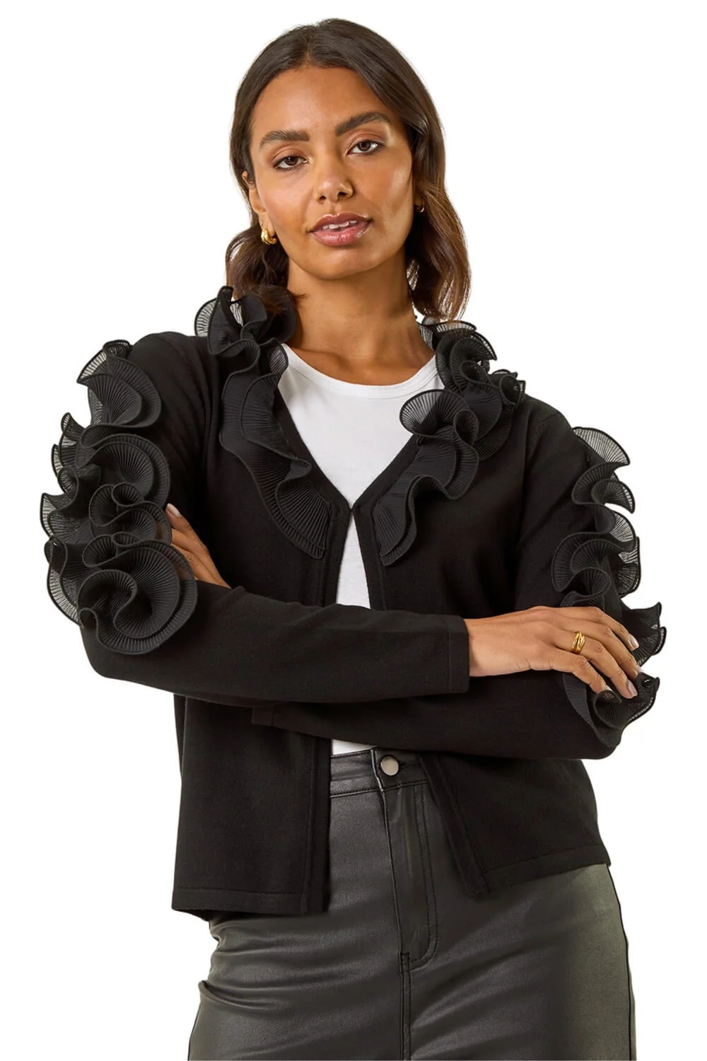 Roman Black Ruffle Contrast Knit Cardigan - Size 22 Image 1