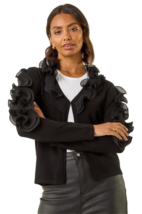 Roman Black Ruffle Contrast Knit Cardigan - Size 22 Image 1