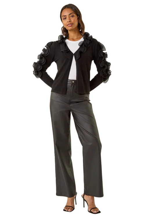 Roman Black Ruffle Contrast Knit Cardigan - Size 22 Image 2