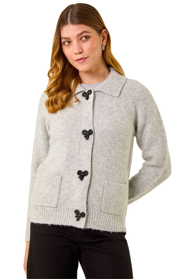 Roman Grey Bow Buttoned Collared Cardigan