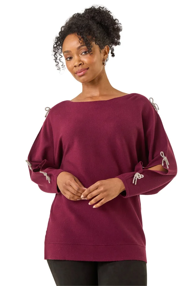 Roman Wine Petite Bow Trim Sleeve Knit Jumper