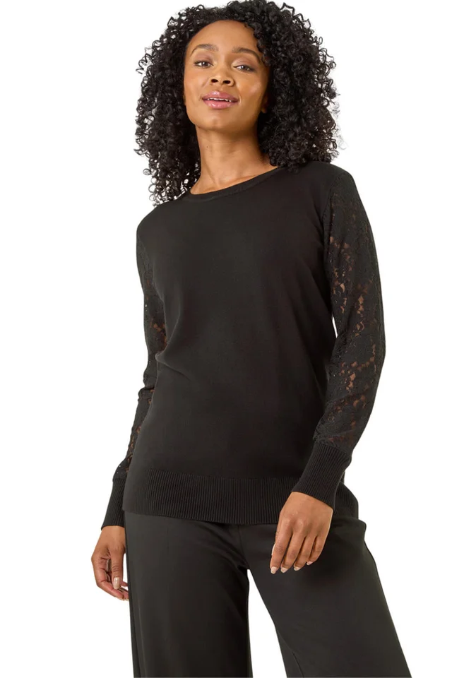 Roman Black Petite Lace Contrast Knit Jumper