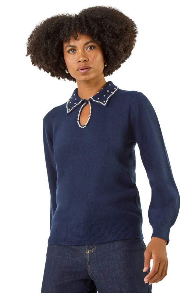 Roman Navy Faux Pearl Collared Keyhole Knit Jumper