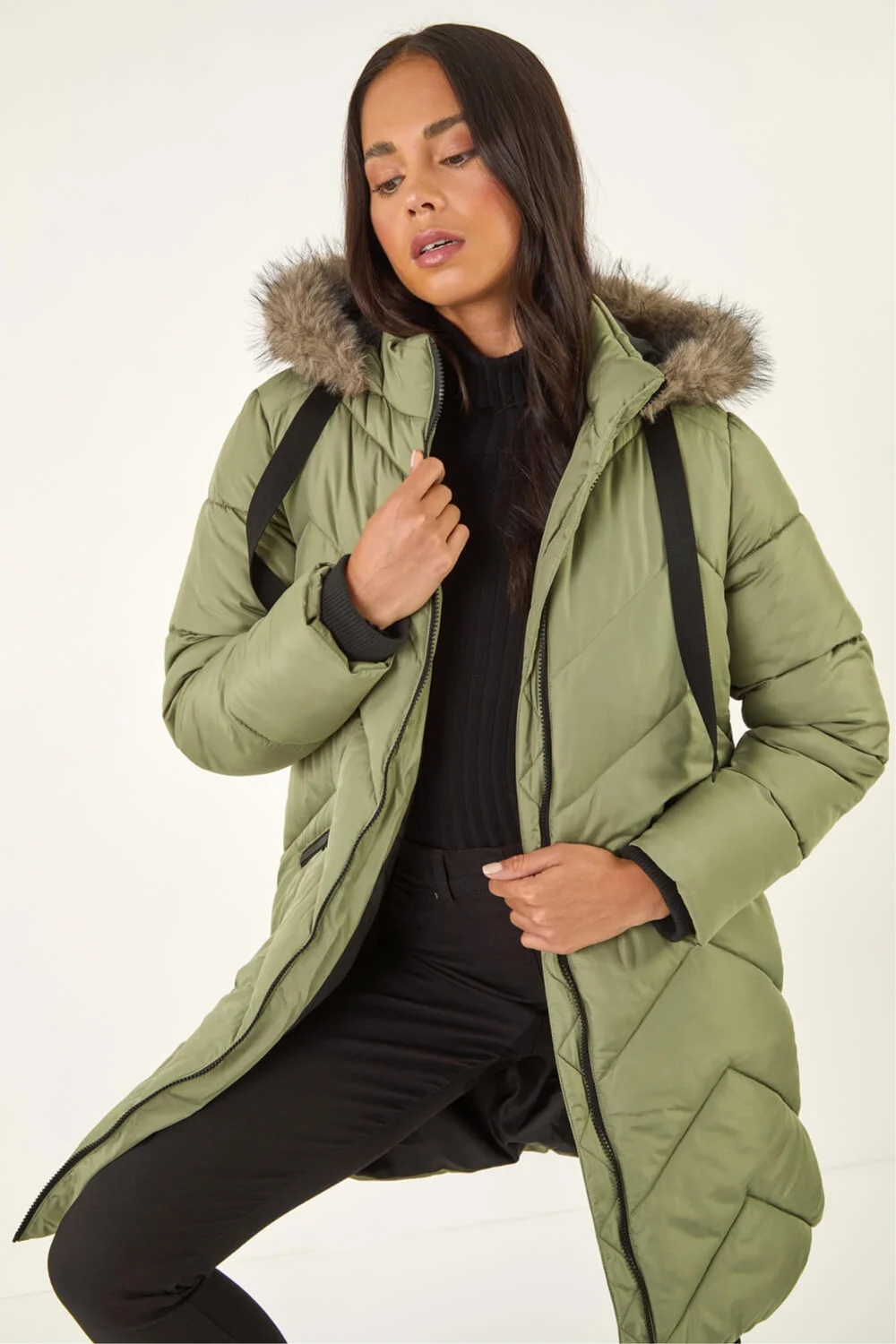 Roman Khaki Petite Contrast Zip Puffer Coat - 14 Image 2