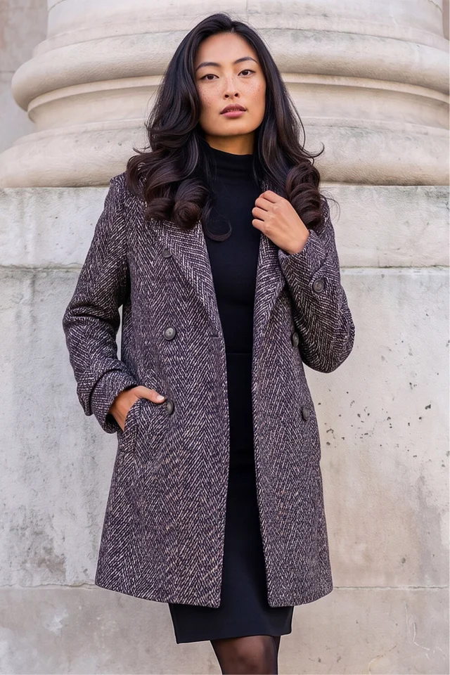 Roman Black Petite Double Breast Funnel Neck Coat
