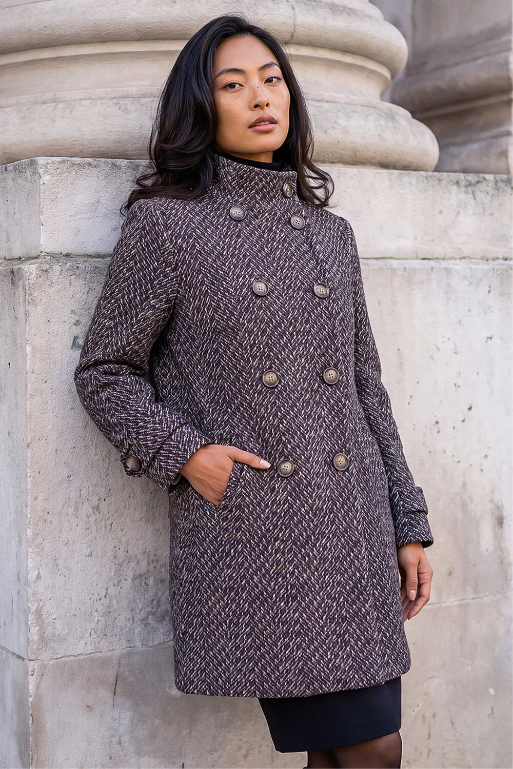 Roman Black Petite Double Breast Funnel Neck Coat - 16 Image 2