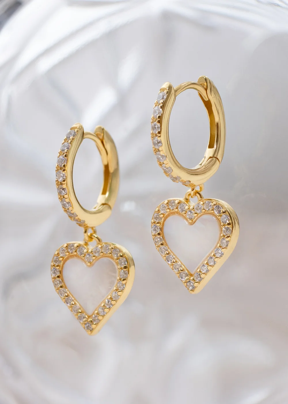 Golden Moments Sterling Silver Yellow Gold Plated Mother of Pearl & CZ Heart Hoop Drop Earring - One Size Image 2