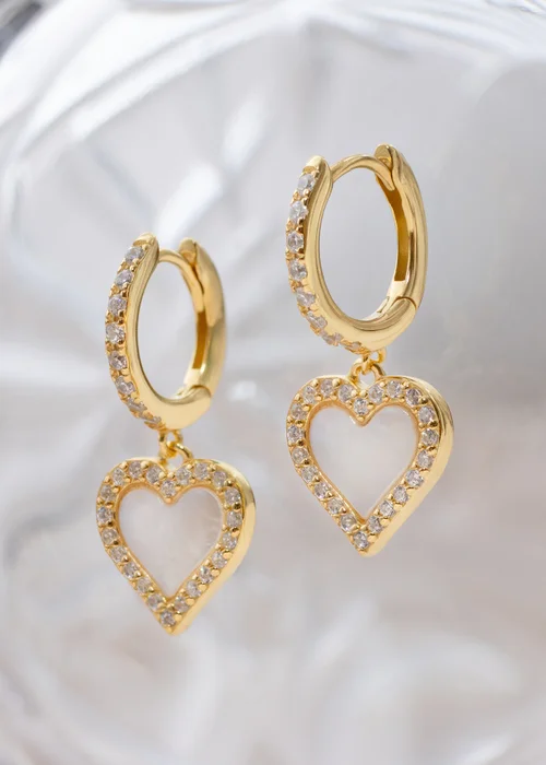 Golden Moments Sterling Silver Yellow Gold Plated Mother of Pearl & CZ Heart Hoop Drop Earring - One Size Image 2