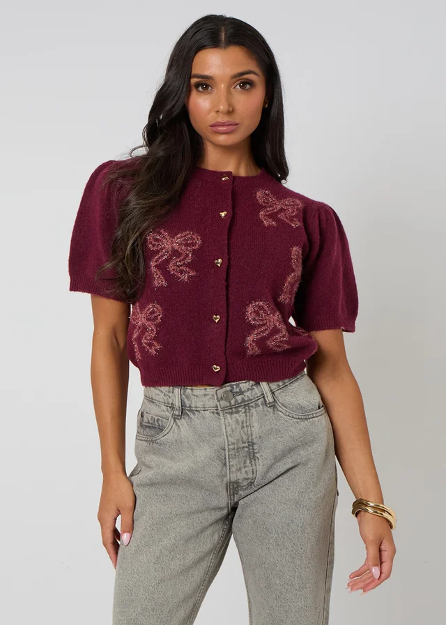 Urban Bliss Burgundy Short Sleeved Bow Cardigan