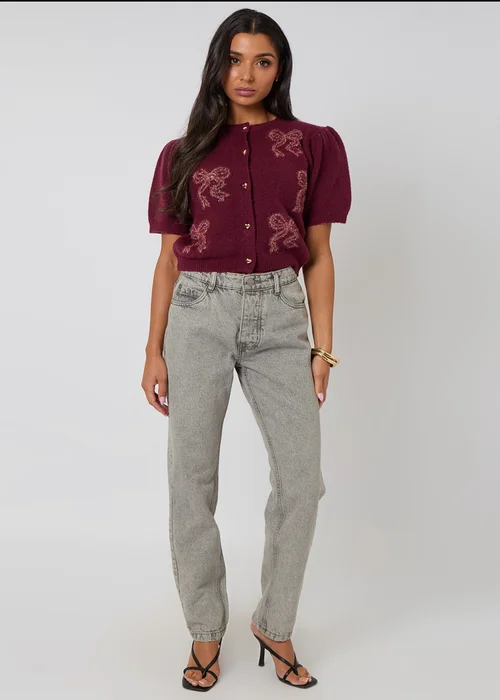 Urban Bliss Burgundy Short Sleeved Bow Cardigan - Medium Image 3