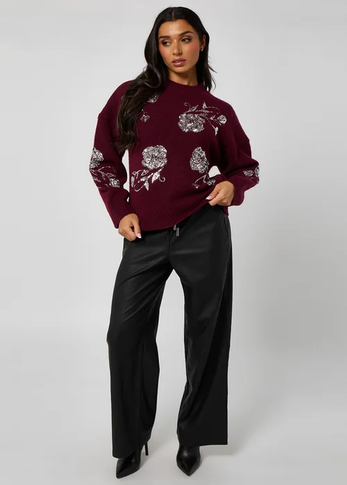 Urban Bliss Burgundy Floral Sequin Embroidery Jumper - Small/Medium Image 3