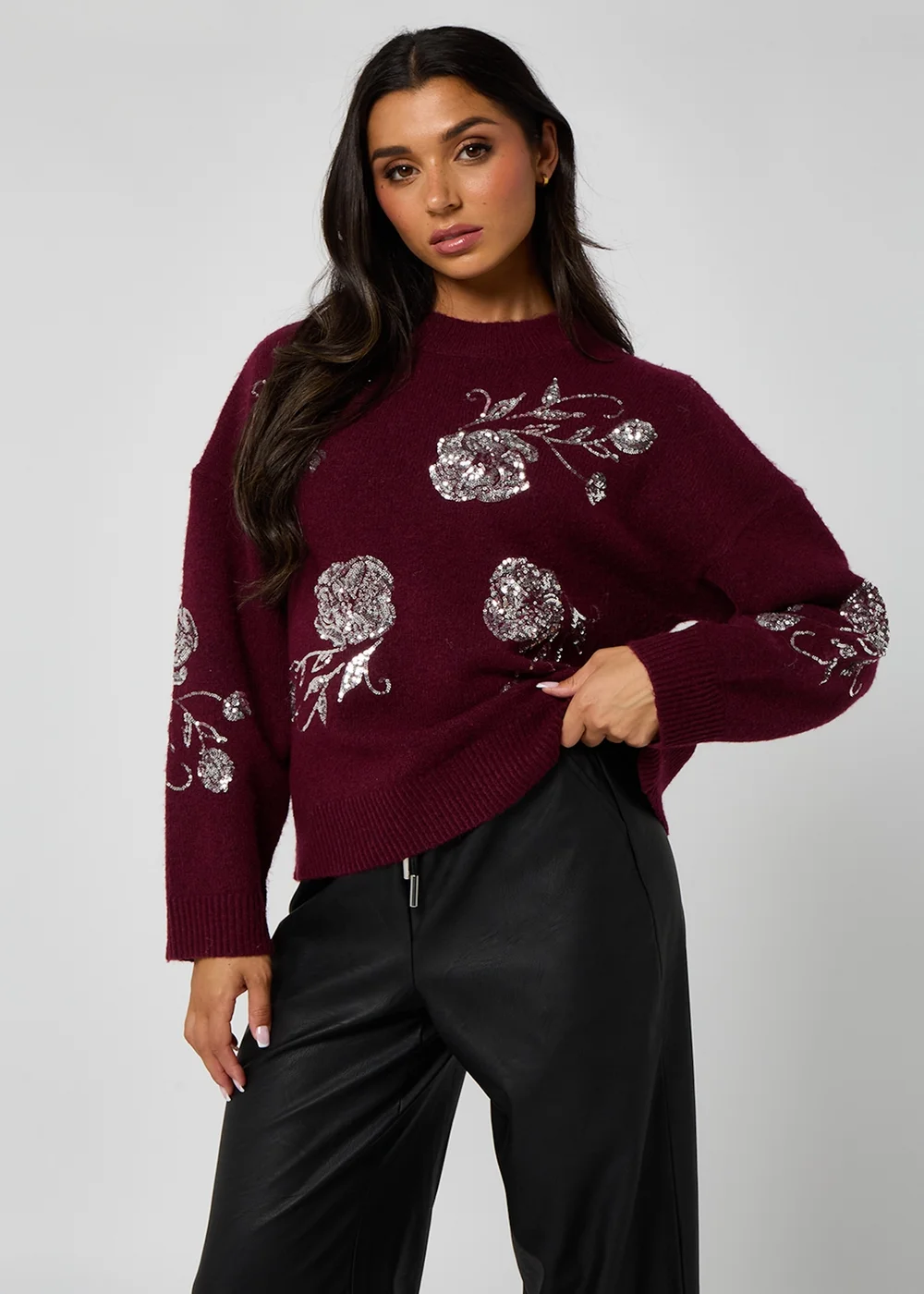 Urban Bliss Burgundy Floral Sequin Embroidery Jumper - Small/Medium Image 2