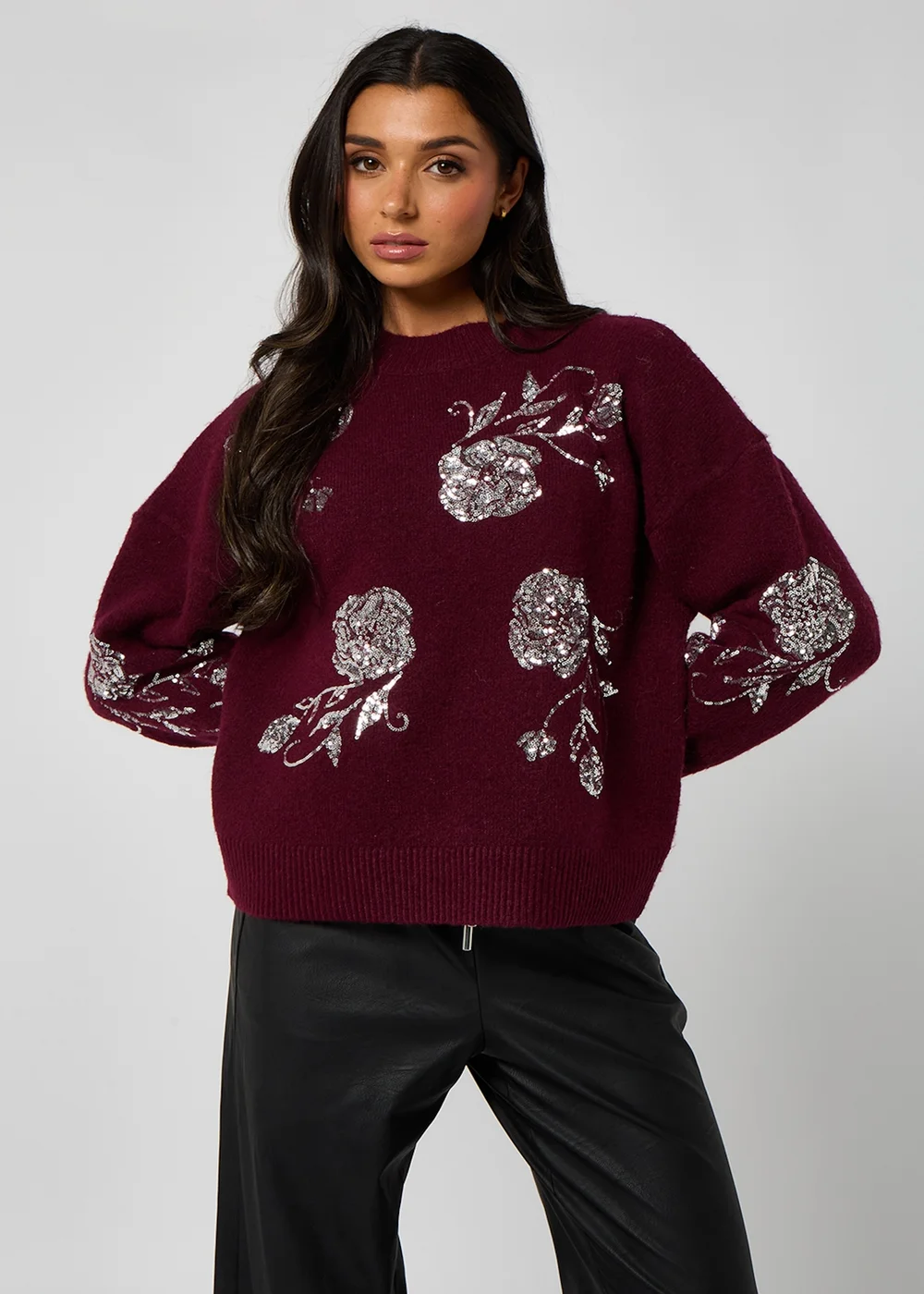 Urban Bliss Burgundy Floral Sequin Embroidery Jumper - Small/Medium Image 1