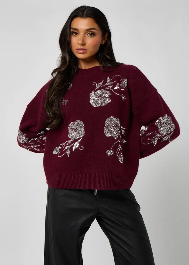 Urban Bliss Burgundy Floral Sequin Embroidery Jumper