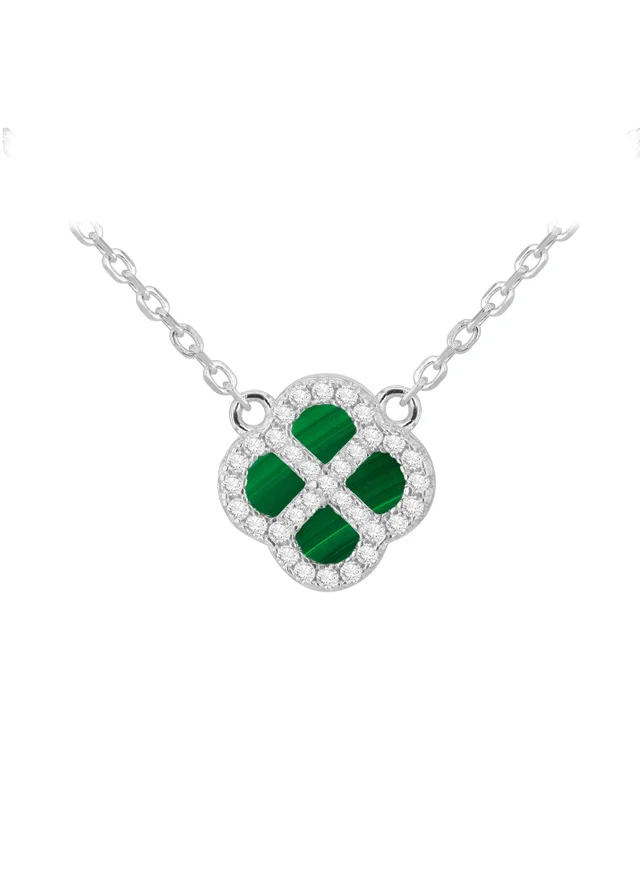Golden Moments Sterling Silver Rhodium Plated Clover Malachite and White CZ Adjustable Necklace