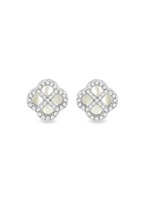 Golden Moments Sterling Silver Rhodium Plated Clover Mother Of Pearl and White CZ Stud Earring - One Size Image 1