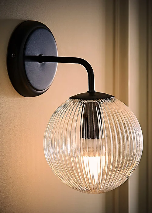 ValueLights Kempton Matte Black Wall Light with Ribbed Globe Shade - One Size Image 2