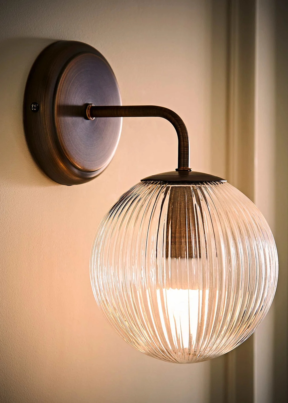 ValueLights Kempton Brushed Brass Wall Light Ribbed Globe Shade - One Size Image 2