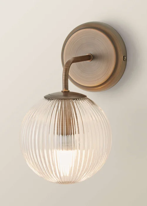 ValueLights Kempton Brushed Brass Wall Light Ribbed Globe Shade - One Size Image 3