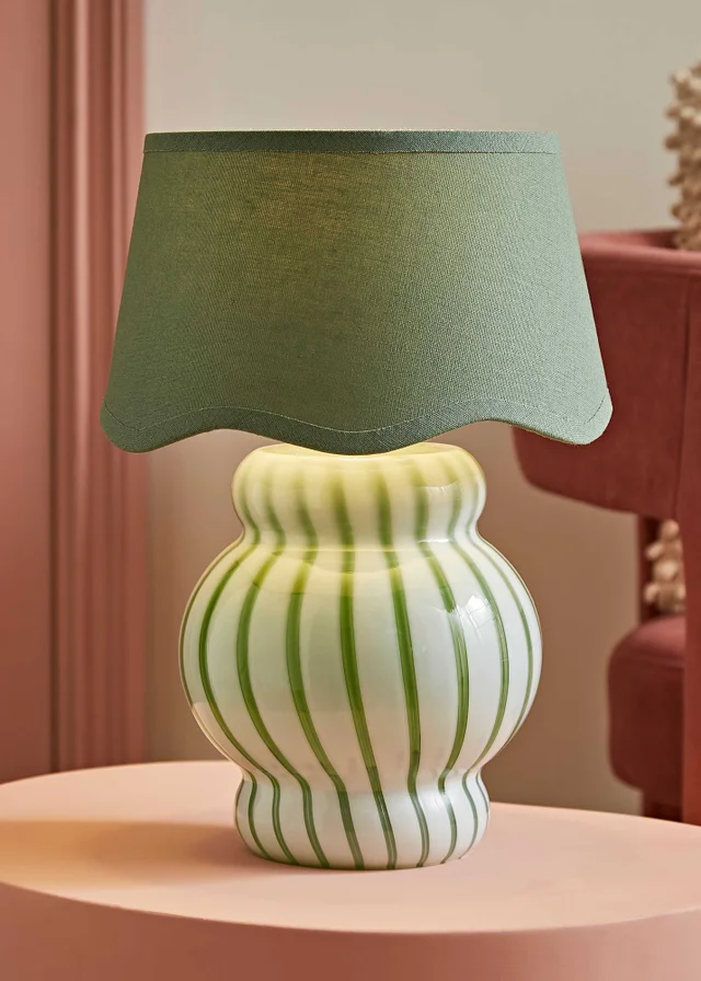 ValueLights Taffy Green Stripe Glass Table Lamp with Sage Scallop Shade