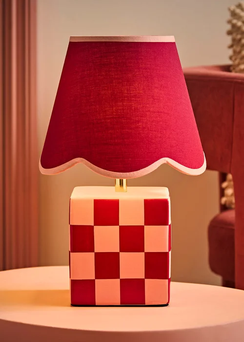 ValueLights Evie Burgundy Checkerboard Table Lamp with Scallop Shade - One Size Image 2