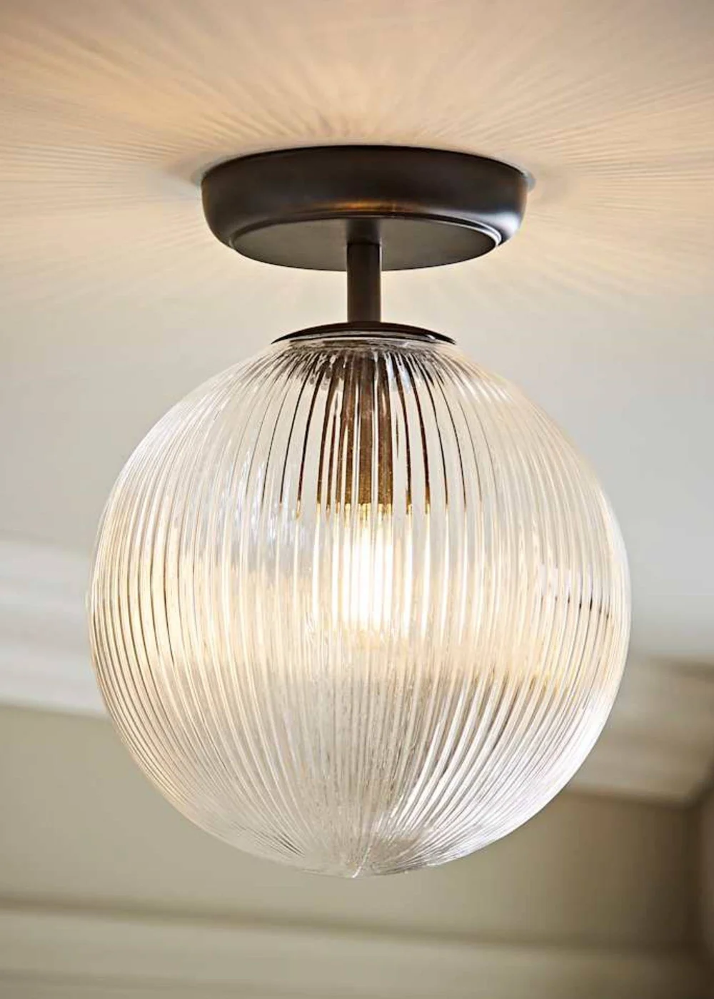 ValueLights Kempton Black Flush Ceiling Light Ribbed Globe Shade - One Size Image 1