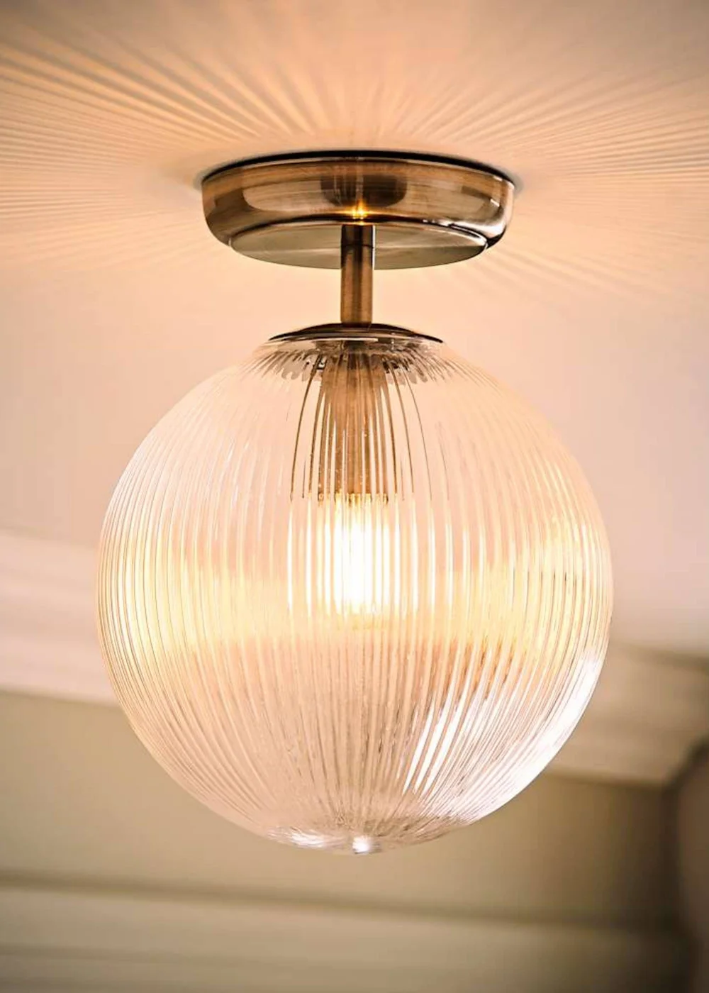 ValueLights Kempton Brushed Chrome Ceiling Light Ribbed Globe Shade - One Size Image 2