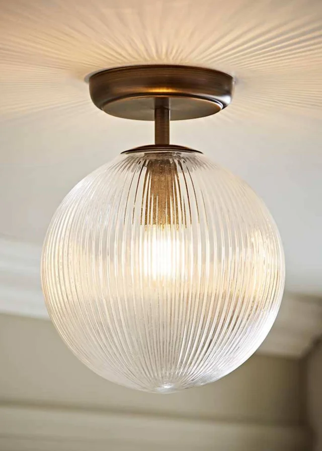 ValueLights Kempton Brass Flush Ceiling Light with Ribbed Globe Shade