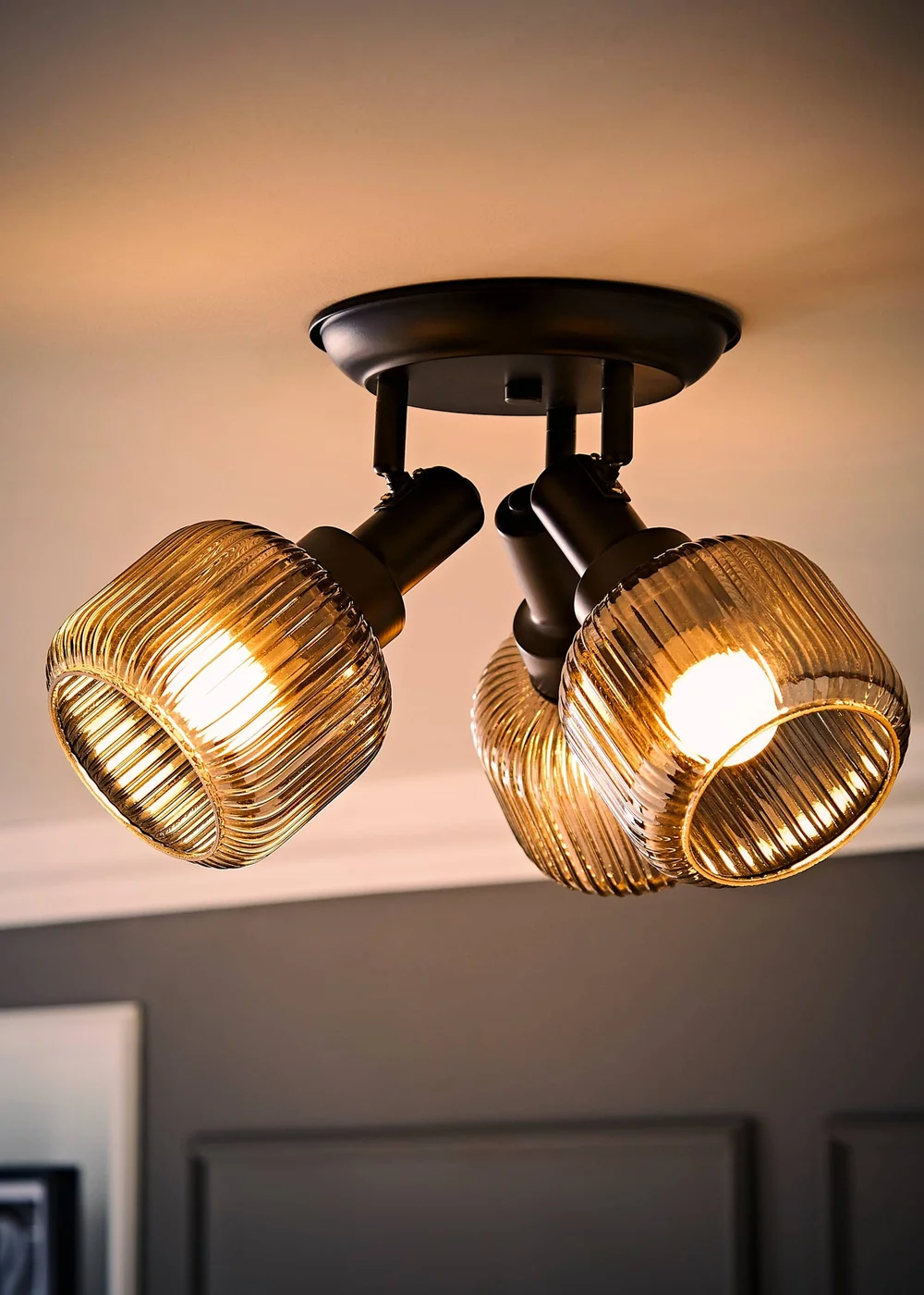 ValueLights Calpe 3 Way Black Ceiling Spotlight Ribbed Smoked Shades - One Size Image 2