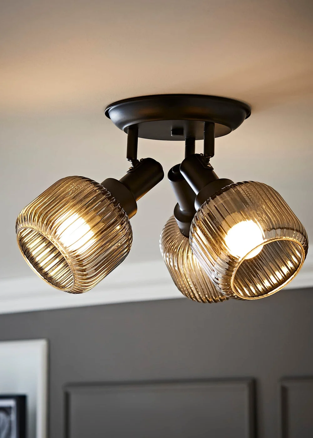 ValueLights Calpe 3 Way Black Ceiling Spotlight Ribbed Smoked Shades - One Size Image 1