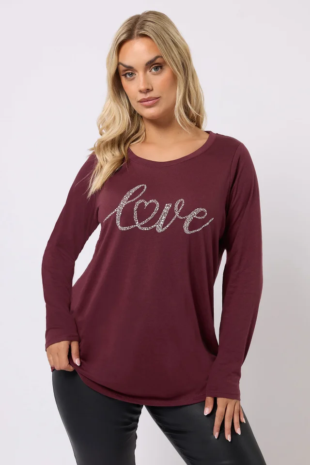 Yours Curve Wine Red 'Love' Long Sleeve T-Shirt
