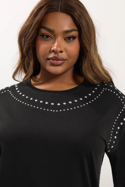 Yours Black Studded Oversized T-Shirt - Size 26-28 Clothing Image 2